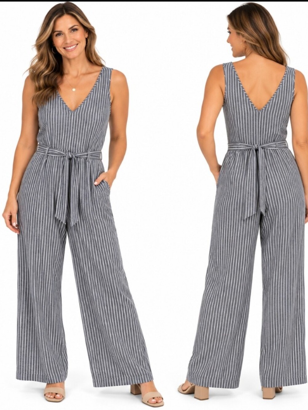 NWT Max Studio Blue Striped Spandex Blend Jumpsuit Sz Med